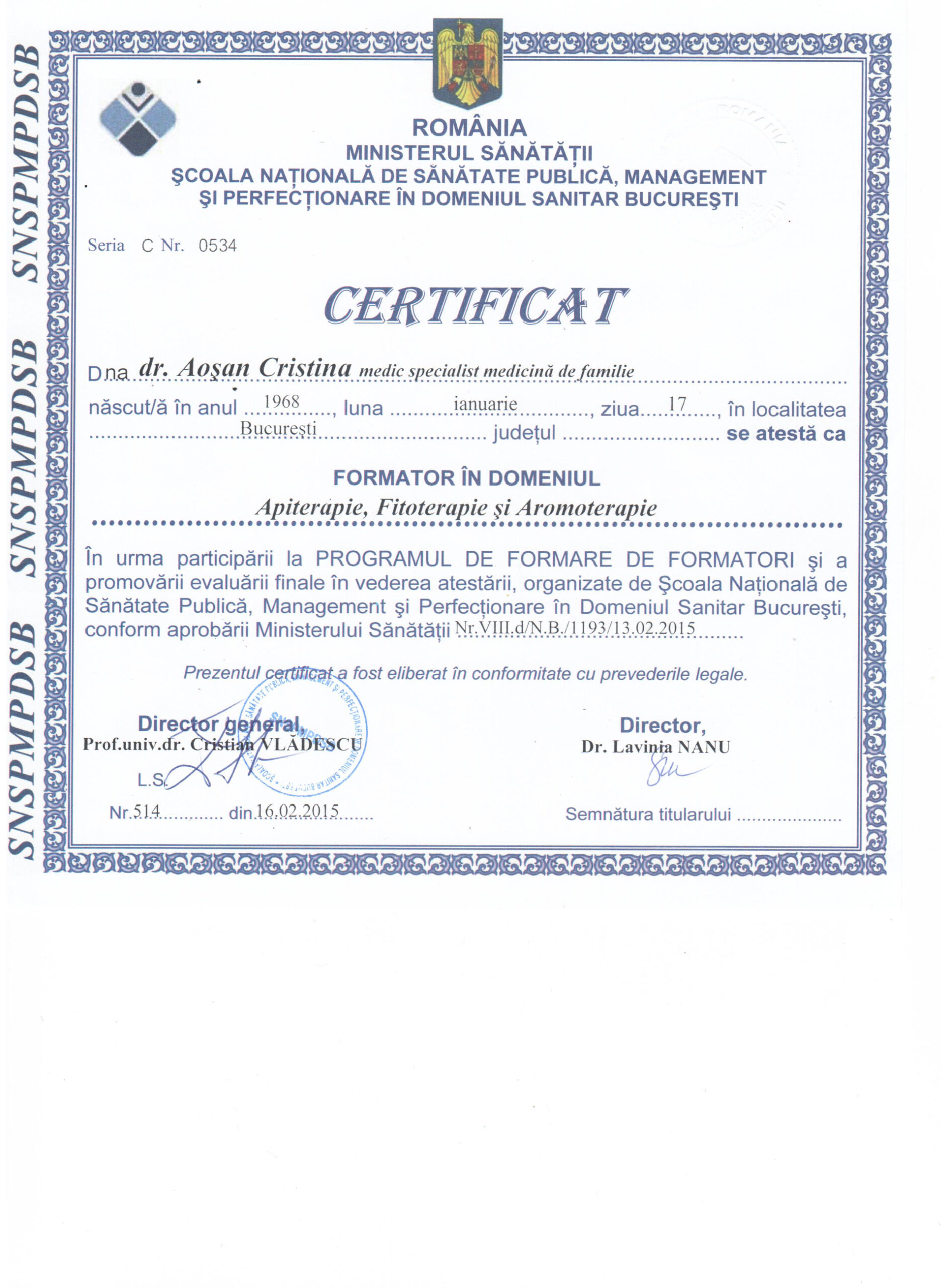 Dr. Cristina Aoşan Certificat Formator Api-Fito-Aroma-Terapie