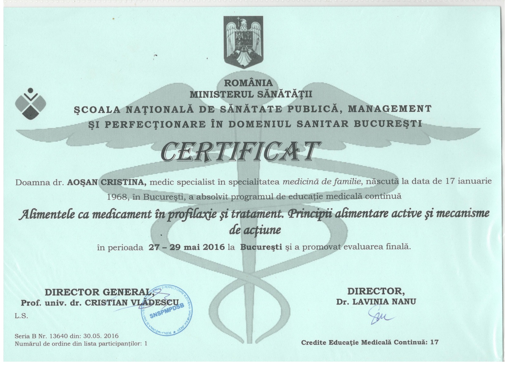 Certificat Scoala Nationala de Sanatate Publica, Ministerul Sanatatii