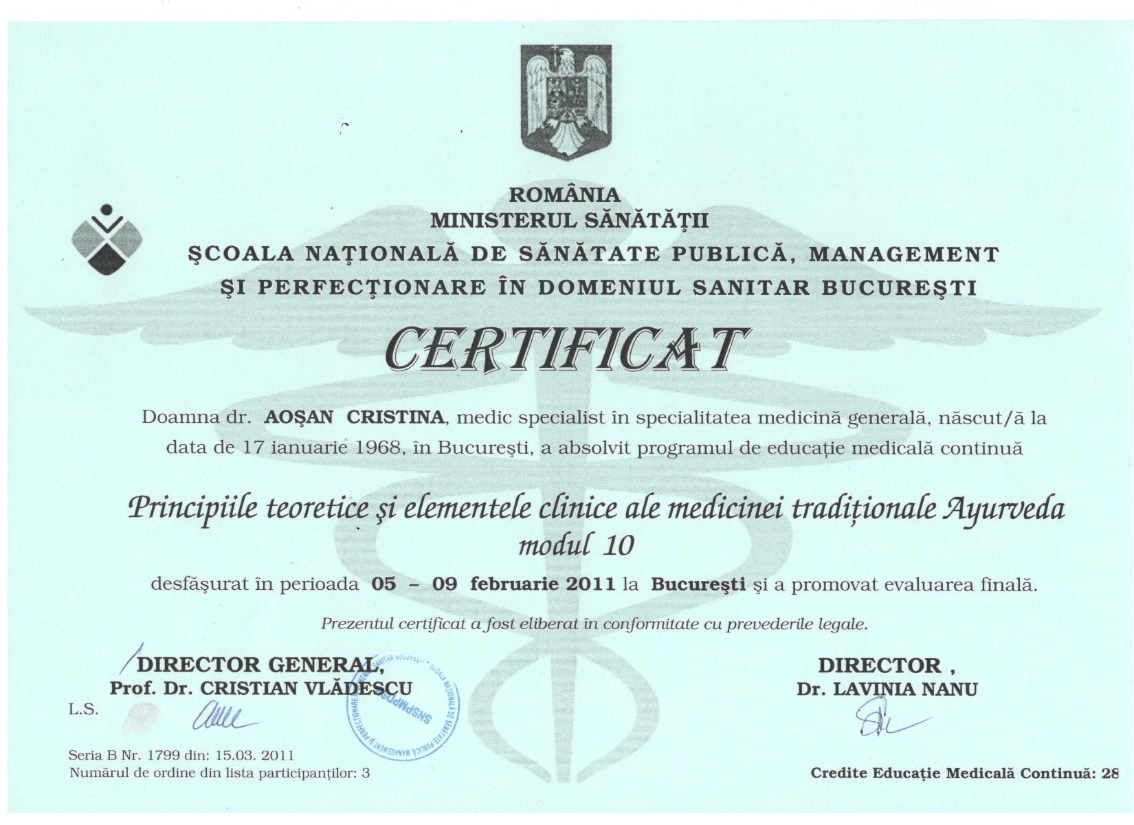 Certificat SNSP Ministerul Sanatatii, Ayurveda