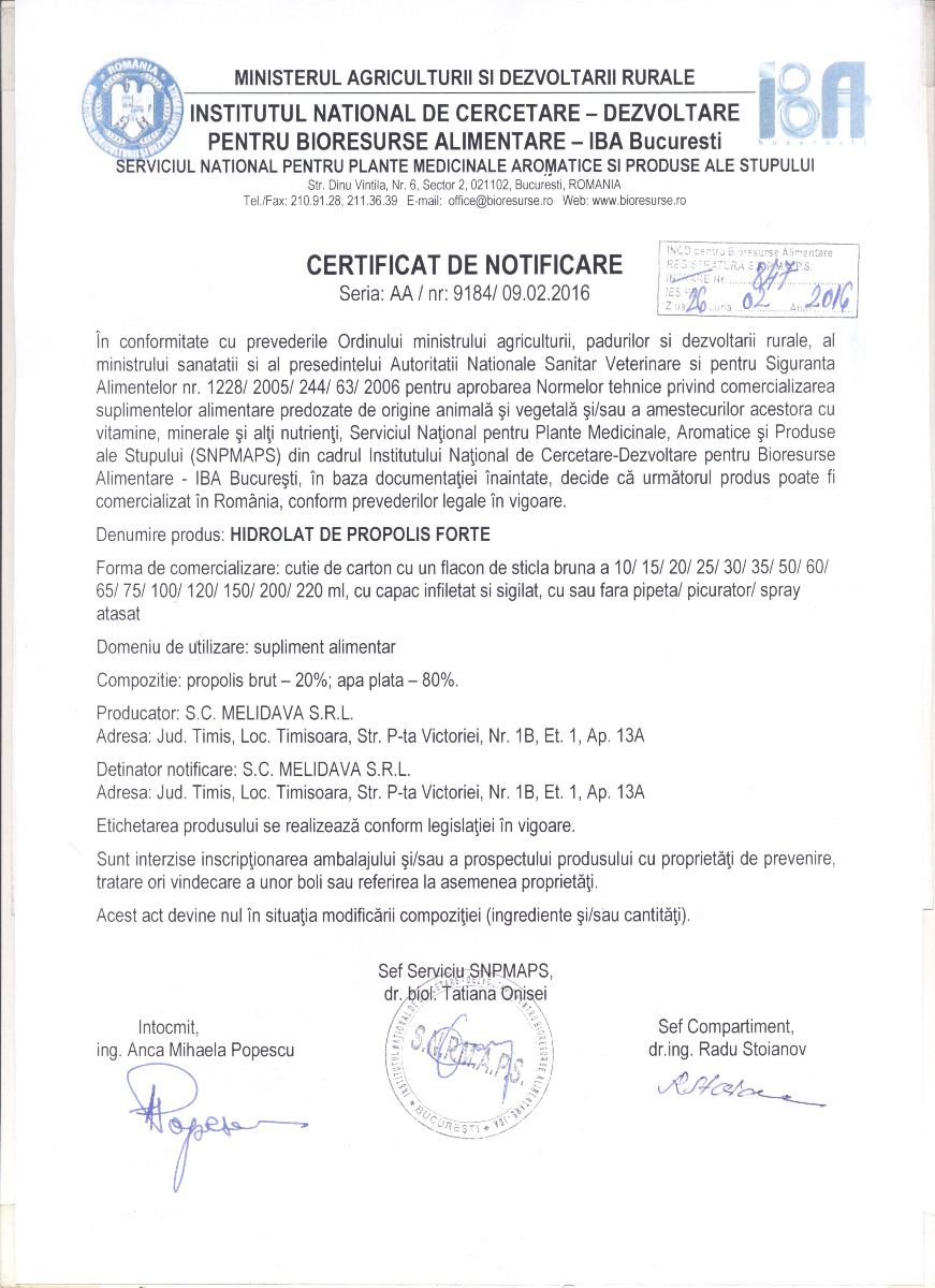 Certificat Hidrolat de Propolis Forte