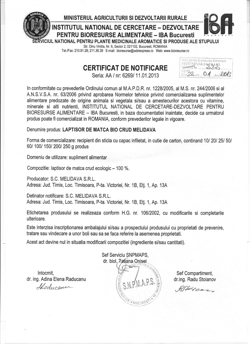 Certificat laptisor de matca BIO crud Melidava